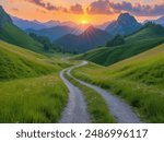 Dirt Path Through Green Hills at Sunset
A winding dirt path through lush green hills, leading towards mountains under a vibrant sunset with dramatic clouds.