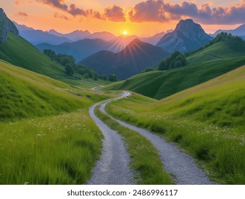 Dirt Path Through Green Hills at Sunset
A winding dirt path through lush green hills, leading towards mountains under a vibrant sunset with dramatic clouds. - Powered by Shutterstock