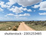 Dirt road in the country leading to a beautiful scenic landscape of mountains in the distance using shallow depth of field on a partly cloudy day with cumulus clouds in the blue sky