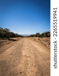 A dirt road leading off into the distance to mountains on the horizon under a clear blue sky.