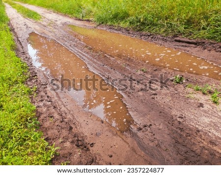 Dirt road with puddles after rain.