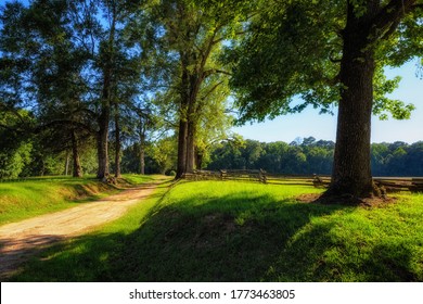 A dirt road travels the length of a field border by a split rail fence along the Natchez Trace parkway in Mississippi