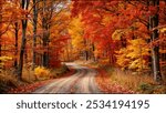 A dirt road winding through a forest of vibrant autumn trees, showcasing the beauty of fall foliage