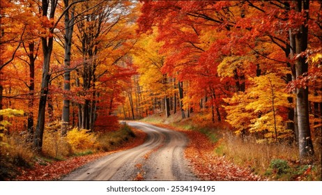 A dirt road winding through a forest of vibrant autumn trees, showcasing the beauty of fall foliage - Powered by Shutterstock