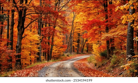 A dirt road winding through a forest of vibrant autumn trees, showcasing the beauty of fall foliage - Powered by Shutterstock