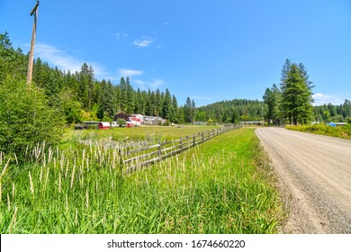 A Dirt Rural With Homes And Ranches In The Rural Coeur D'Alene Area Of North Idaho, USA