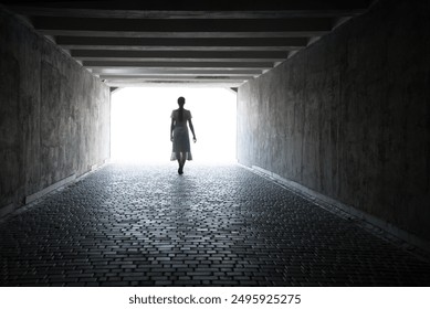 Dirty abandon lead brick arc cell hall heaven room ruin lit day sun sky glow. Gloomy lady figure go travel grunge abstract male guy man city castle house cave hole life death dream trail frame concept - Powered by Shutterstock