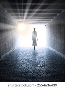 Dirty abandon lead brick arc cell hall heaven room ruin lit day sun sky glow. Gloomy lady figure go travel grunge abstract male guy man city castle house cave hole life death dream trail frame concept
