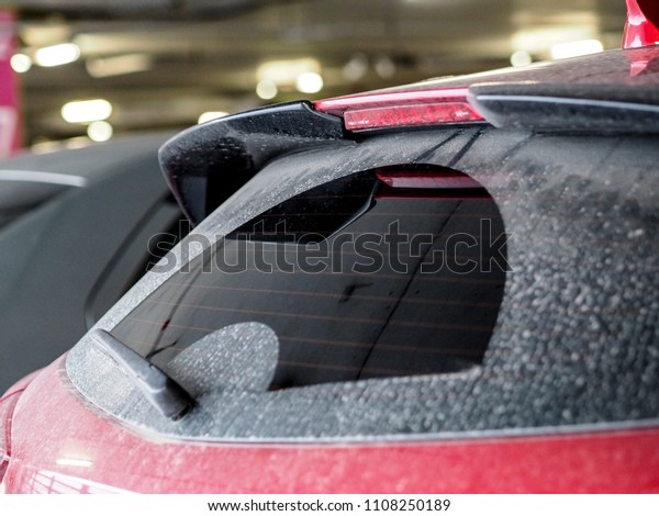 The dirty back window of\
car