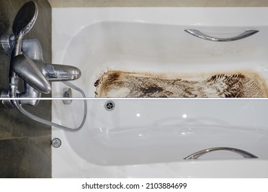 Dirty Bath Due To Clogged Sewer Pipe And Poor Drainage Before And After Cleaning, Close-up