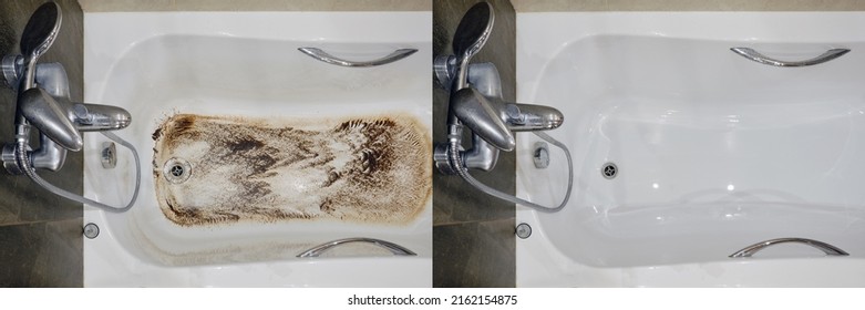 Dirty Bath Due To Clogged Sewer Pipe And Poor Drainage Before And After Cleaning, Close-up