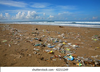 Dirty Beach On Blue Sky.