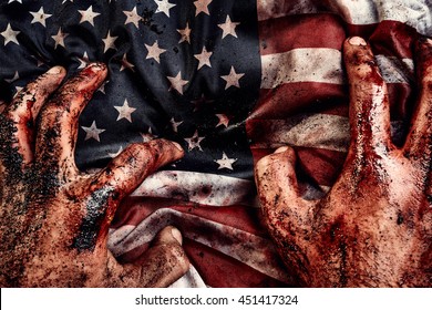 Dirty Bloody Male Hands On American Flag 