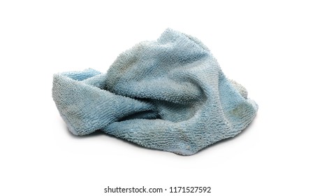 Dirty Blue Crumpled Microfiber Cloth Isolated On White Background