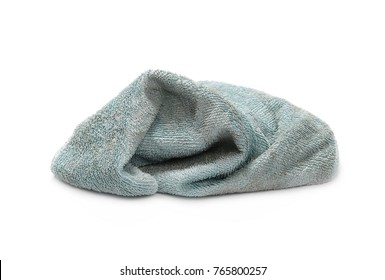 Dirty blue crumpled microfiber cloth isolated on white background
