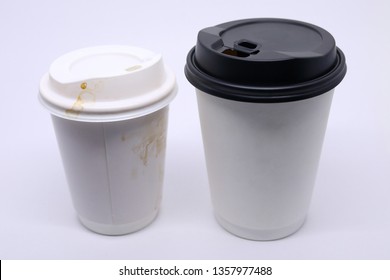 Dirty Brown Stain On Take Away Cup For Hot Coffee Drink, Paper Mug On White Background