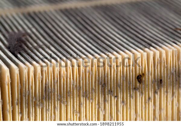 Dirty car air filter texture and\
background. Air filter element in a car engine,\
macro