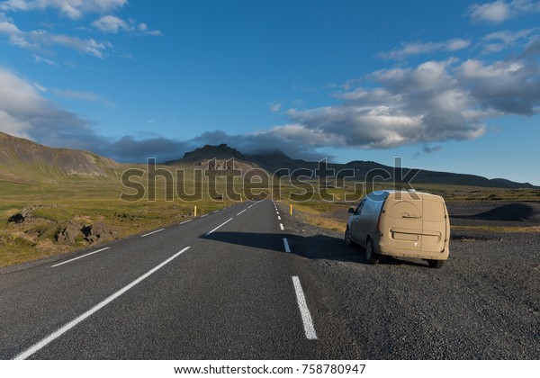 Dirty Car in Iceland. Camper car on the road in\
Snaefellsnes peninsula