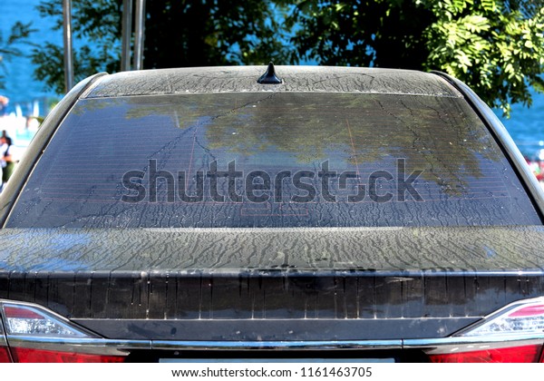 dirty car rear view of the rear window in the dust\
and streaks of dirt.