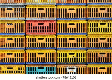 Dirty chicken box in organized stack. Create colorful pattern.