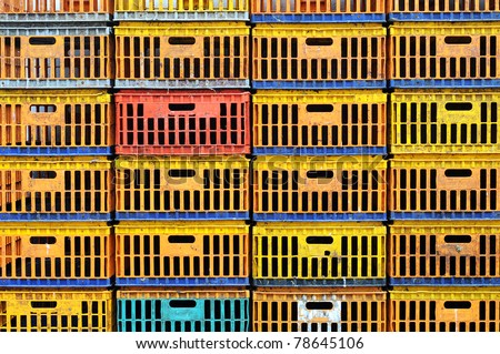 Dirty chicken box in organized stack. Create colorful pattern.