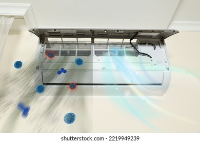 Dirty And Clean Air Come Out Of Conditioner On White Wall Indoors