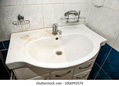 Dirty And Clean Bathroom Sink, Before And After Collage