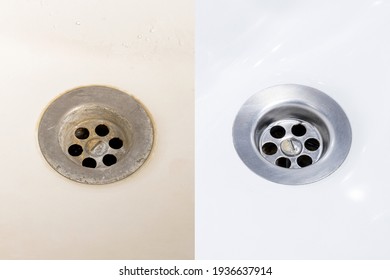 Dirty And Clean Domestic Bath Drain Sink. Before And After Cleaning Sink Bowl.