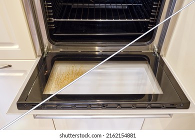 Dirty and clean oven, before and after cleaning and washing the stove glass. Washed grease on the oven window door, collage - Shutterstock ID 2162154881
