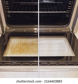 Dirty and clean oven, before and after cleaning and washing the stove glass. Washed grease on the oven window door, collage - Shutterstock ID 2164603883