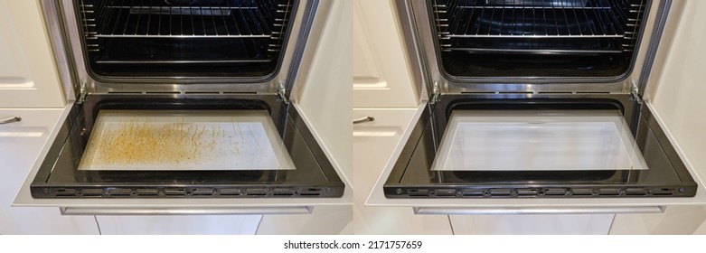 Dirty And Clean Oven, Before And After Cleaning And Washing The Stove Glass. Washed Grease On The Oven Window Door, Collage