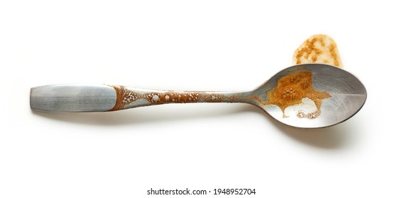 Dirty Coffee Spoon Isolated On White Background, Top View