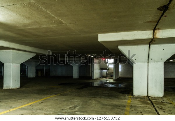 Dirty Concrete Parking Garage Fluorescent Lights Stock Photo Edit