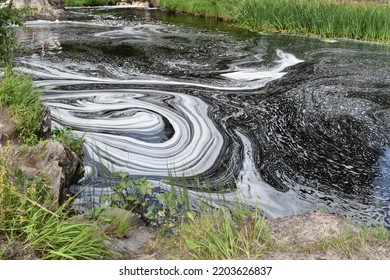 Dirty Contaminated Water In The Lake. Toxic Oily Stain On The Surface Of The Water.