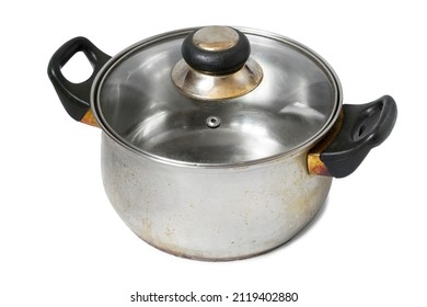 Dirty Cooking Pot With Glass Lid Isolated On White Background