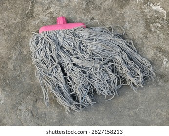 Dirty Cotton String Mop Head, Pink Plastic Connector Socket, Used Cleaning Equipment, Floor Sanitation Tool, Household Housekeeping Supply, Domestic Hygiene, photo object, design material, graphic resource, raw picture, editable image, cut out, removable background, unedited or no edit, natural look 
