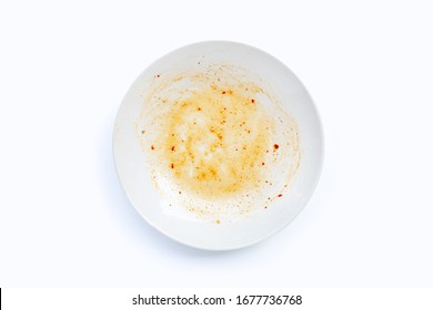 Dirty Dish On White Background. Top View