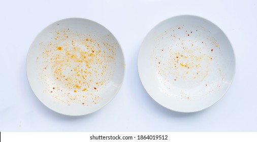 Dirty Dish On White Background. Top View