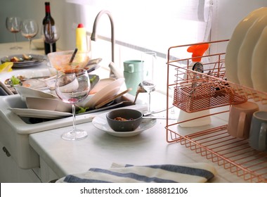 Dirty Dishes In Kitchen After New Year Party