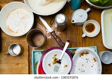 Dirty Dishes On Kitchen Table, After Party, Directly Above