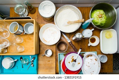 Dirty Dishes On Kitchen Table, After Party, Directly Above