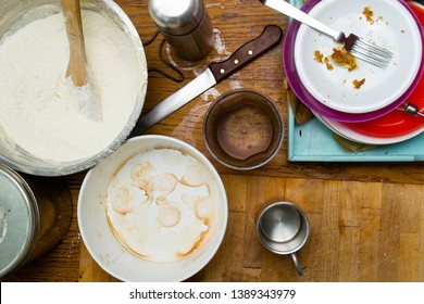 Dirty Dishes On Kitchen Table, After Party, Directly Above