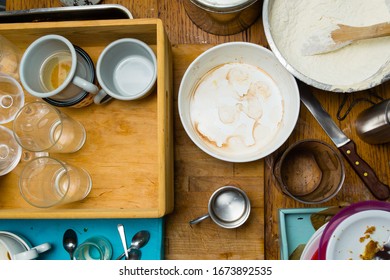 Dirty Dishes On Kitchen Table, After Party, Directly Above