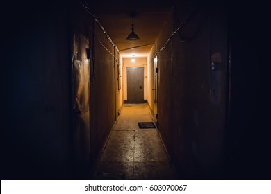 Dirty Empty Dark Corridor In Apartment Building, Doors, Lighting Lamps, Perspective, In Yellow-orange Tones, Copy Space