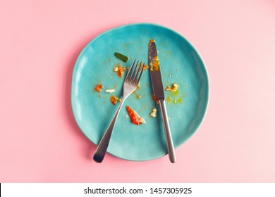 Dirty Empty Plate After Scrambled Eggs, Pasta And Vegetarian Salad, Tasty Meal Concept