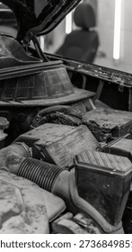Dirty engine and engine compartment with dust before car wash. Car wash, detailing studio, car care.