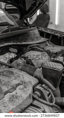 Dirty engine and engine compartment with dust before car wash. Car wash, detailing studio, car care.
