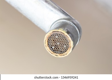 Dirty Faucet Aerator With Limescale, Calcified Shower Water Tap With Lime Scale In Bathroom, Close Up.