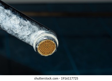 Dirty Faucet Aerator With Limescale, Calcified Shower Water Tap With Lime Scale On Dark Background In Bathroom, Close Up