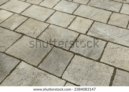 Dirty garden patio paving slabs before cleaning. UK garden with grey sandstone paving.
